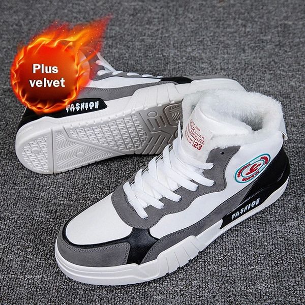 

Fashion PU Leather Shoes Men High Top Snow Shoes Fur Plush Winter Warm Male Casual Cotton Sneakers for Man WalkingFootwear #jI46