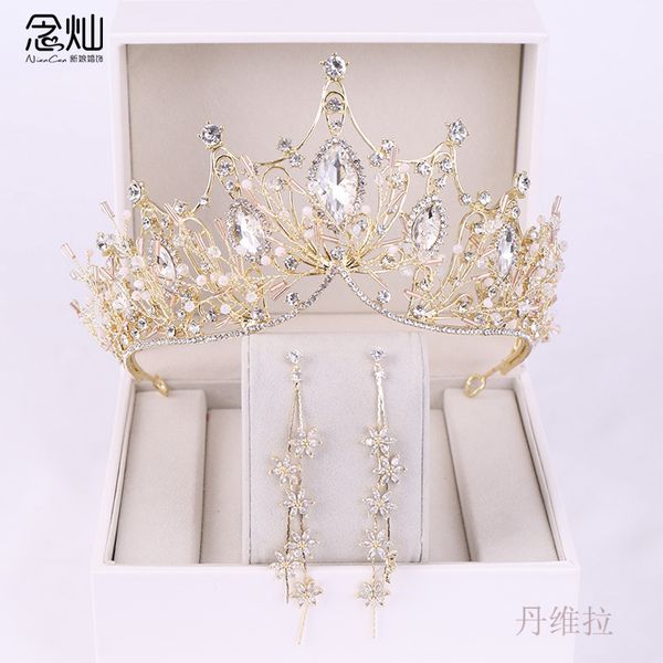 

2020 new bride atmosphere golden crown luxury three piece wedding dress white gauze head jewelry korean, Silver