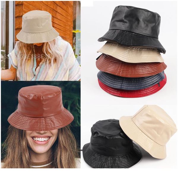 

pu bucket hat women fashion faux leather fishing cap soild foldable hiking hats hip-hop street waterproof for women qylckz, Blue;gray