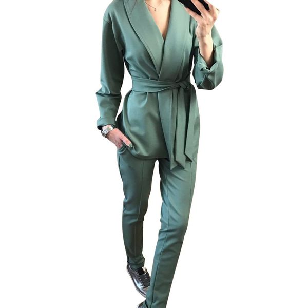 MVGIRLRU Tuta da donna pantalone con collo sciallato blazer con cintura giacca e pantalone due pezzi OL Streetwear 201008
