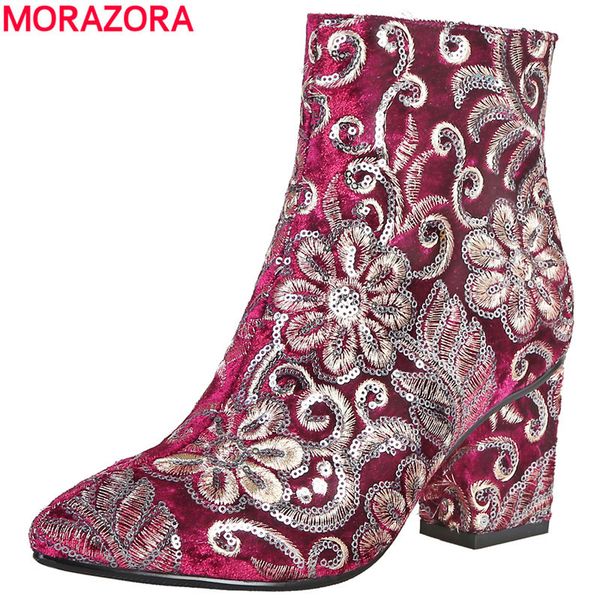 

morazora embroider women thick heels autumn winter fashion footwear ladies shoes ankle boots q1104, Black