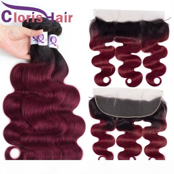 

burgundy colored raw indian virgin hair weave 3 bundles with closure body wave human hair 13x4 full lace frontals 1b red ombre extensions, Black;brown