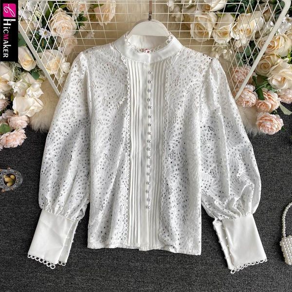 

women long sleeve buttoned chic elegant lace blouse1, White
