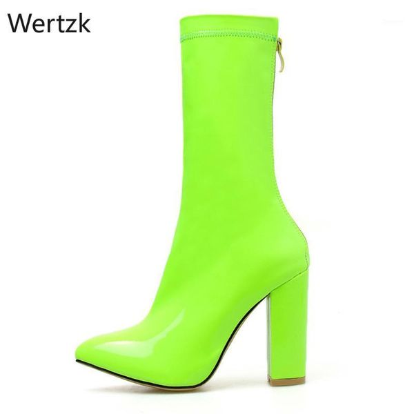 

new autumn new luxury design lighter fluorescent square heel boots woman high heel shoes women patent leather bootsa2261, Black