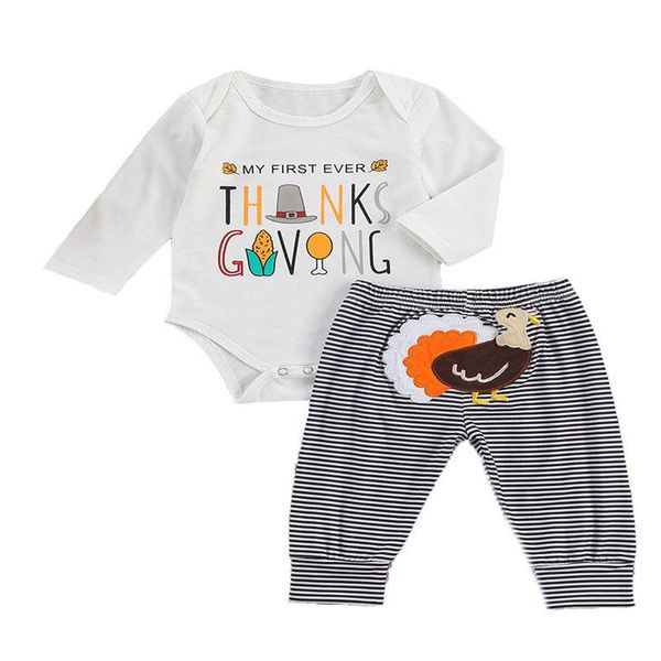 

clothing sets 0-24m born baby boy girl my first thanksgiving turkey outfits long sleeve romper striped pants 2pcs fall clothes set, White