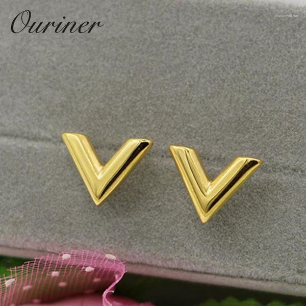 

jewelry simple design v letter earrings for women stainless steel gold-color elegant party stud earrings ke002-11, Golden;silver