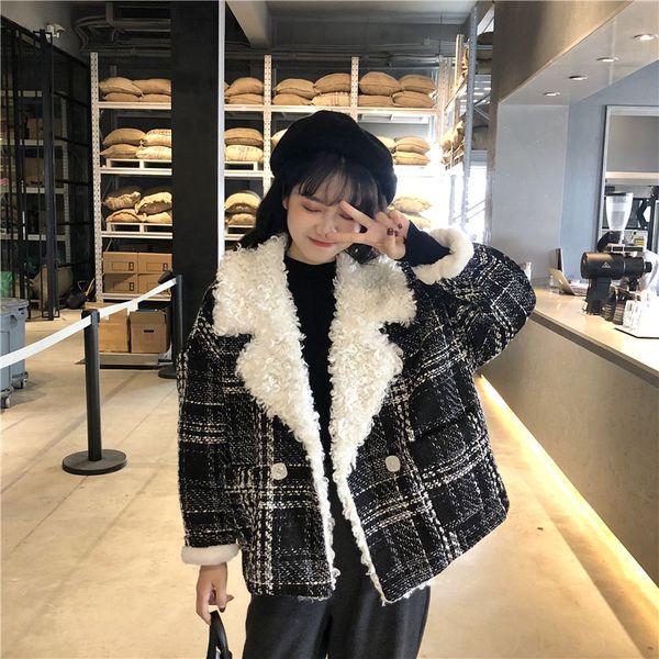 

2021 new women's winter wool plaid plush loose seam lapel long new fashion fragrance jacket1gz 5br6, Black