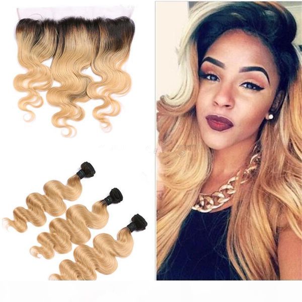 

9a grade ombre hair extensions #1b 27 honey blonde ombre human hair 3pcs with lace frontal closure two tone body wave hair weave, Black;brown