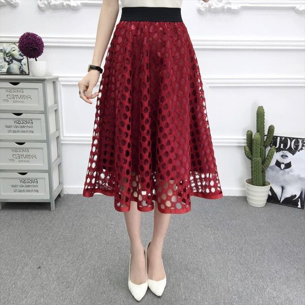 

юбки женщины девушка лето нового высокая талии дикого тонкий слово пачка круг полым кружево юбка долго женщина, Black