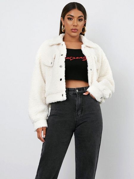 

single breasted flap detail teddy jacket u7wi#, Black;brown