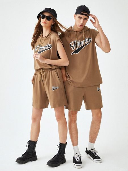 

1pc letter graphic drawstring hooded tee & 1pc shorts e4mr#, Gray