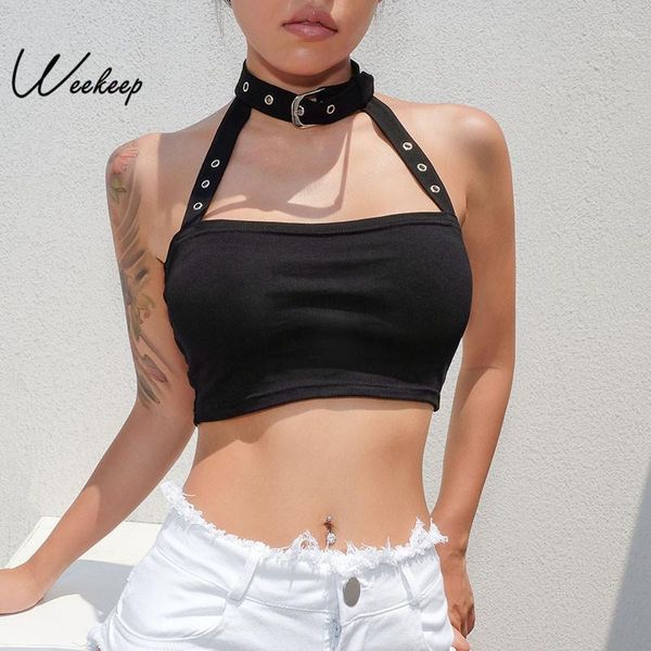 

weekeep women halter buckle tank black backless sleeve crop fashion streetwar cropped bralette tank 1, White