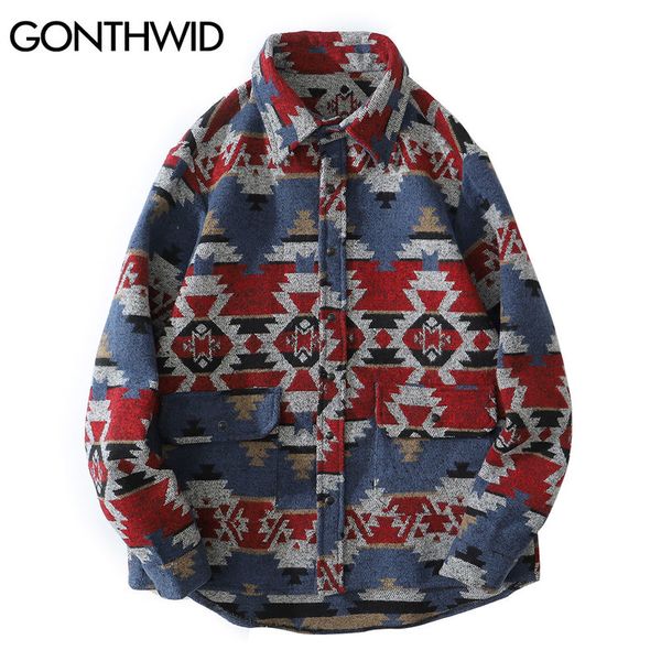 

thick shirts geometry pattern color block patchwork shirt coats streetwear hip hop harajuku casual long sleeve shirts kg-185, White;black