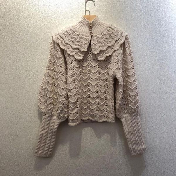 

2020 autumn and winter new high neck solid color pullover ruffled sweater lantern long sleeve hollow sweater women, White;black