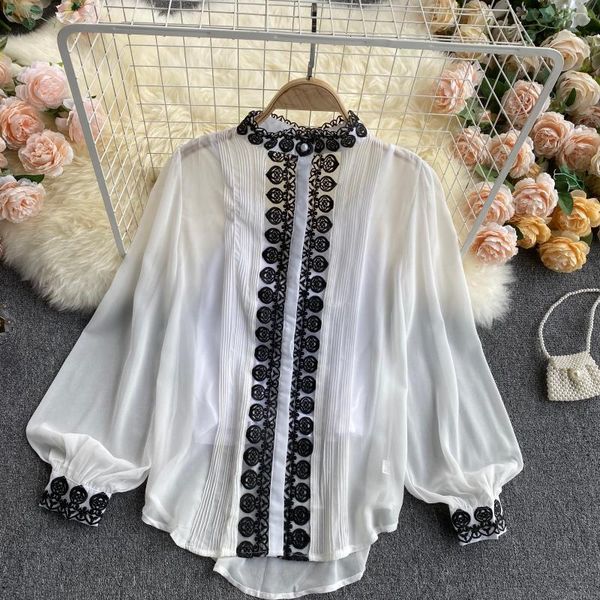 

2021 new vintage female singiny embroidered spring blouse puff released solid chiffon blouses all-match 3iwm, White