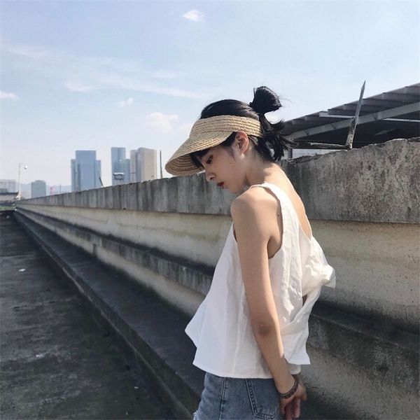 

ladies uv roll up korean hat women raffia sun caps straw visor y200714, Blue;gray