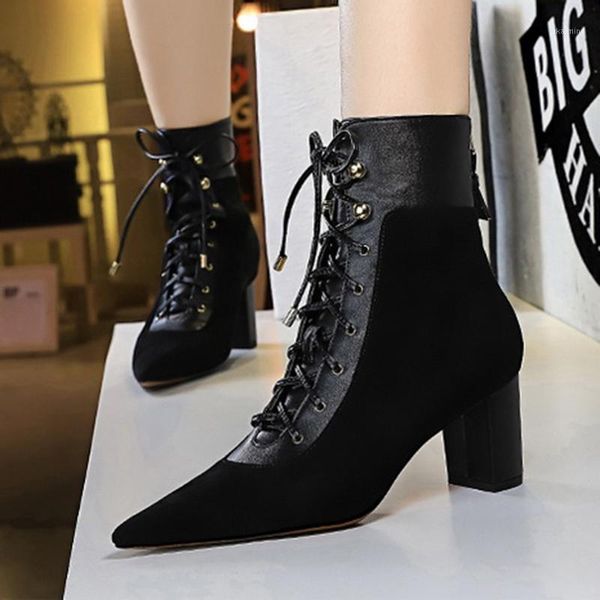 

cross lace ladies square toe plus velvet boots square shoes 6.5cm high heels autumn winter boots1, Black