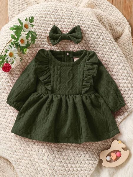 

baby cable textured ruffle trim dress with headband she02, Red;yellow