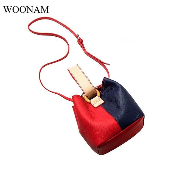 

woonam women fashion grain genuine calf leather 2-tone double strap bucket shoulder cross-body bag wb290