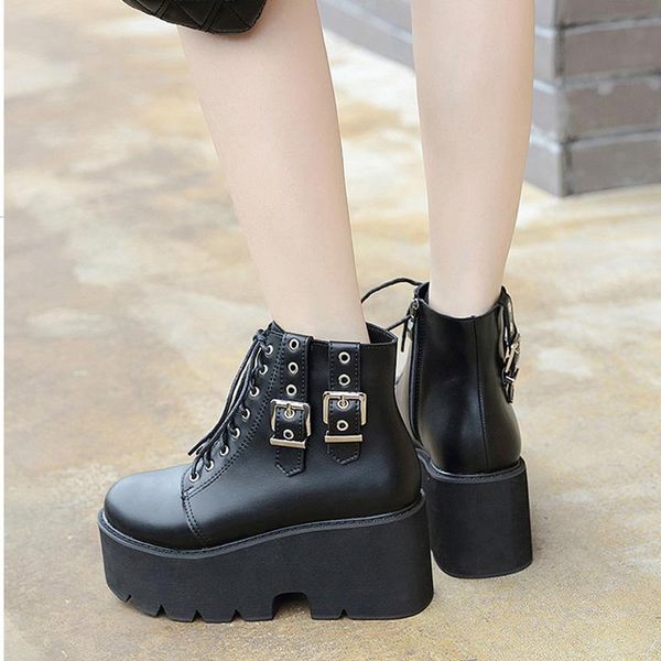 

winter autumn womens boots platform wedges fashion buckle black gothic chunky ankle boots thick bottom fall ymb258
