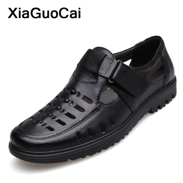 

men shoes summer genuine leather man casual shoes hook & loop breathable middle-aged footwear hollow male sandals plus size 201008, Black