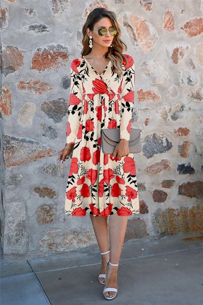 

v neck long sleeve deisnger womens casual dress floral printed a line dress autumn female clothes, Black;gray