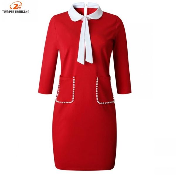

2020 red bodycon midi dress women spring autumn 3/4 sleeve beading pockets vintage elegant office party high waist dresses, Black;gray