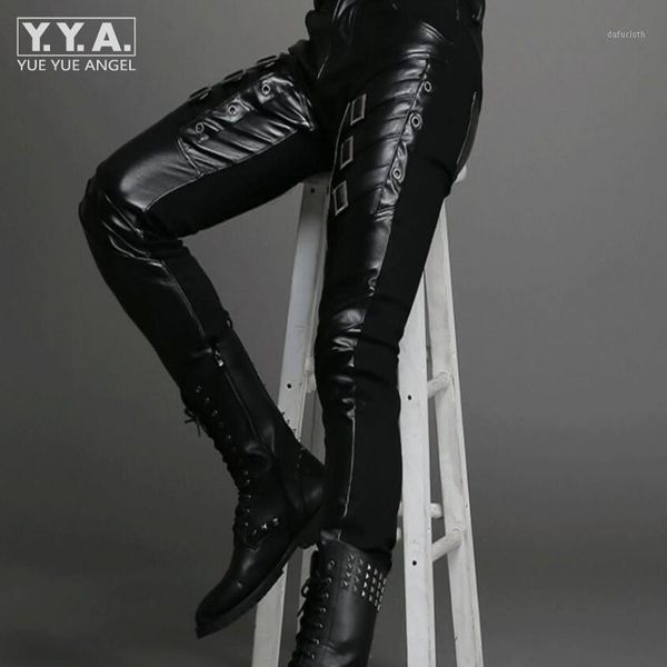 

new fashion punk cool buckle design skinny faux leather pu for men black solid full length pants1