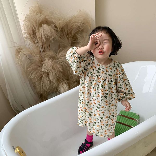 

spring new product sweet beau 2021 floral children's sve cute round neck drs long skirt, Red;yellow