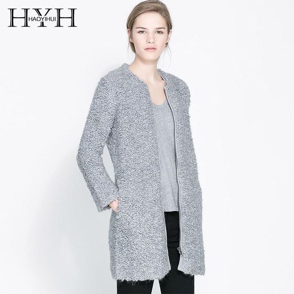 

hyh haoyihui autumn fashion roll fur clothing stylish round neck zipper simple womens windbreaker long woolen coat jacket1, Black
