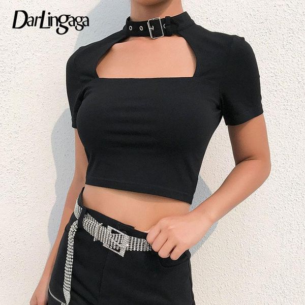 

darlingaga cotton choker halter black t-shirt women fashion gothic summer crop short sleeve tshirt slim tee shirt femme 20201, White