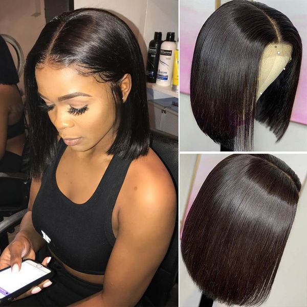 

4x4 lace closure bob wig straight short lace front human hair wigs for black women hd pre plucked brazilian bob full frontal wig, Black;brown