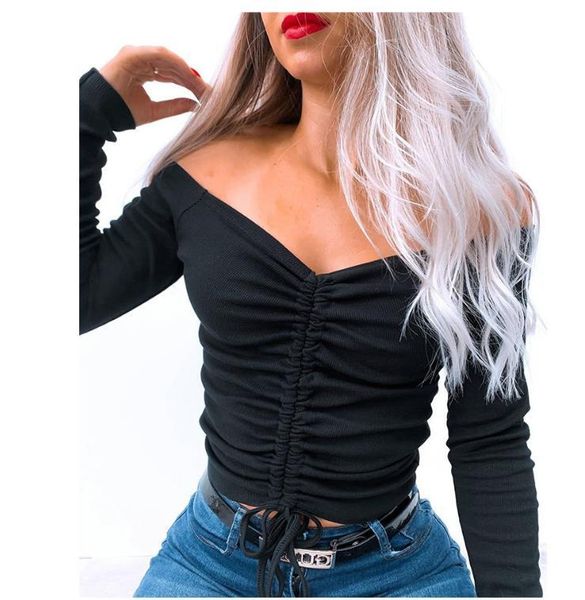 

2020 women's autumn women short knitting shirt solid color long sleeve off-the-shoulder tight drawstring women's t-shirts, White
