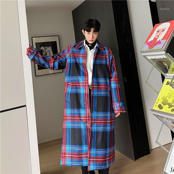 

male streetwear vintage windbreaker overcoat jacket outerwear men retro casual thick cotton padded plaid long trench coat1, Tan;black