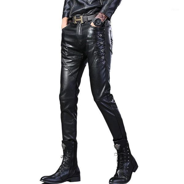 

new winter men's skinny leather pants fashion faux leather trousers for male trouser stage club wear motobiker pants1, Black