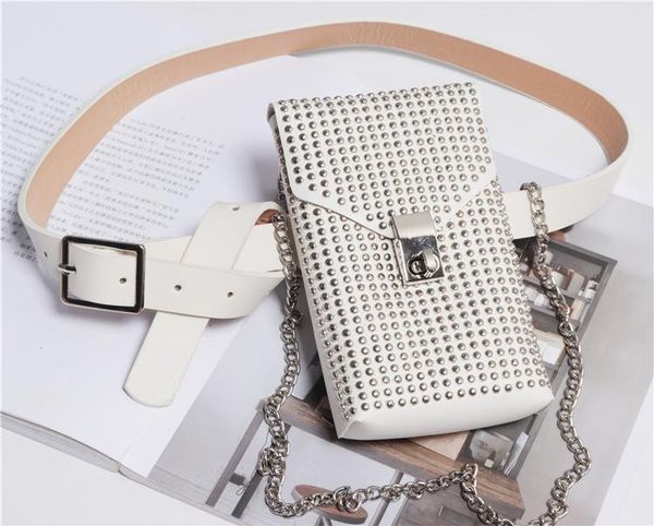 

2020 new design women waist belt packs with phone bag punk rivet studded street fanny packs female chain shoulder crossbody bags