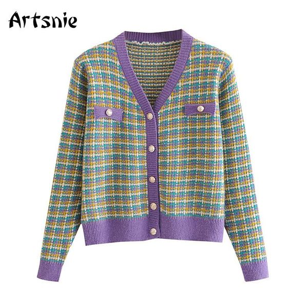 

artsnie vintage purple plaid cardigans women winter v neck long sleeve button pull femme hiver sweet warm sweaters jumper mujer, White