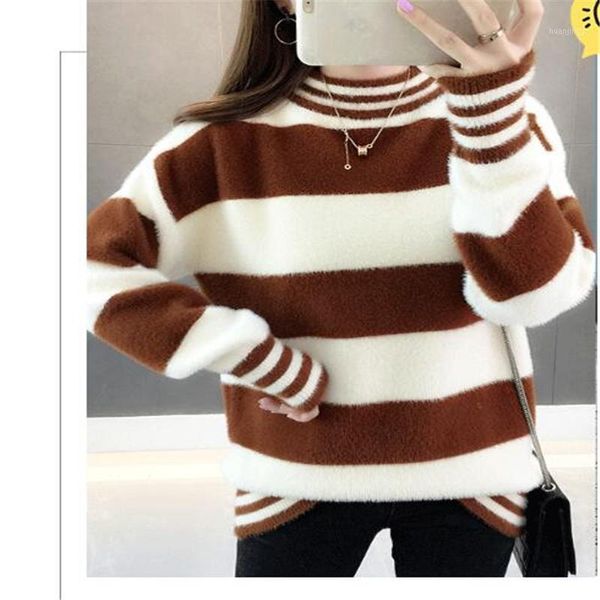 

women sweater 2020 half high collar korea style knited pullover strip sweaters pull homme brown pink red blue1, White;black