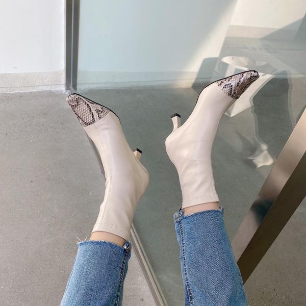 

boots ins woman square toe shoes snake design thin high heels stretch zapatos de mujer luxury botas ladies, Black