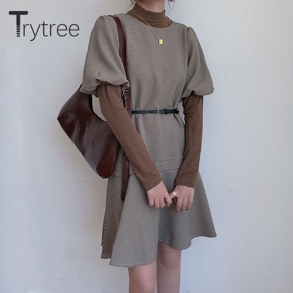 

trytree 2020 autumn two piece women sets casual basic t-shirt + plaid dress ruffles a-line hem office lady set 2 piece set, Gray