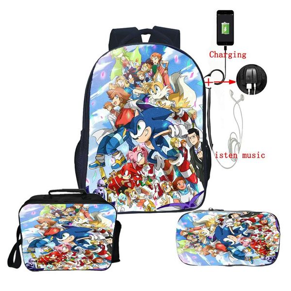 

new 3pcs/sets cartoon mochila sonic usb charge backpack students lunch tote pencil case school bags boys girls traval backpack