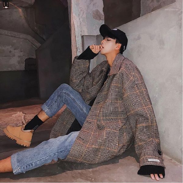 

winter new woolen coat men fashion retro casual lattice long jacket man streetwear wild loose windbreaker male clothes m-2xl1, Black