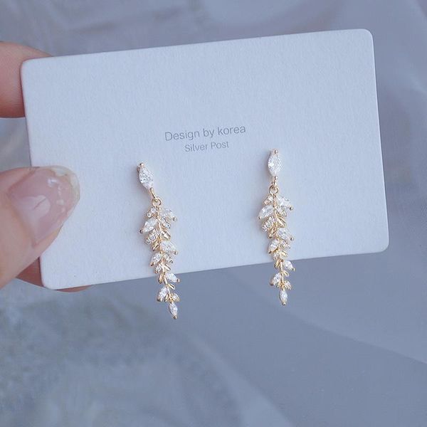 

gold color leaves earrings for women exquisite tiny zirconia stud earring elegant korean crystal wedding pendant party jewelry, Golden;silver