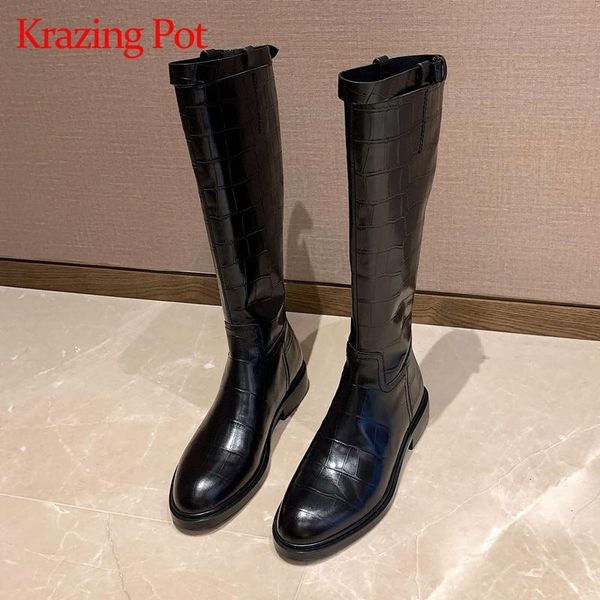 

boots krazing pot genuine leather round toe med heel riding simple style young lady handsome knee-high l73, Black