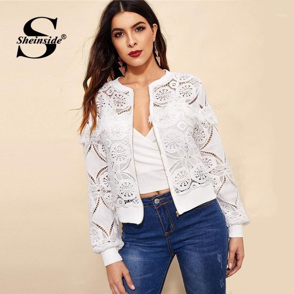 

sheinside white elegant hollowed out lace jacket women 2019 back frayed edge detail jackets ladies fringe zip-up lace outwear1, Black;brown