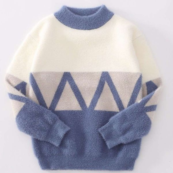 

bottom autumn and winter boys' thickened coat children's long sve pullover sweater mink jacquard warm tide, Blue