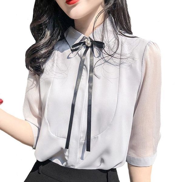 

dingaozlz summer 2019 new korean fashion clothing bow ite professional ol shirt half sleeve women chiffon blouse, White