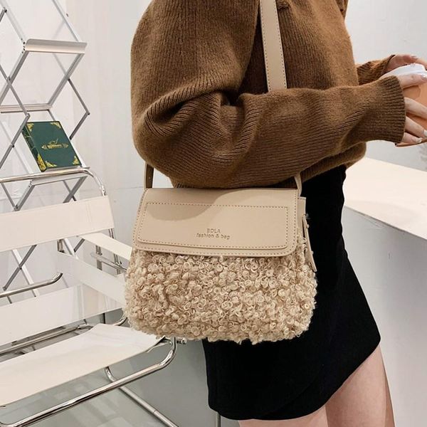 

cross body elegant women lamb wool crossbody bags winter style soft plush messenger handbag female flap leather shoulder bag