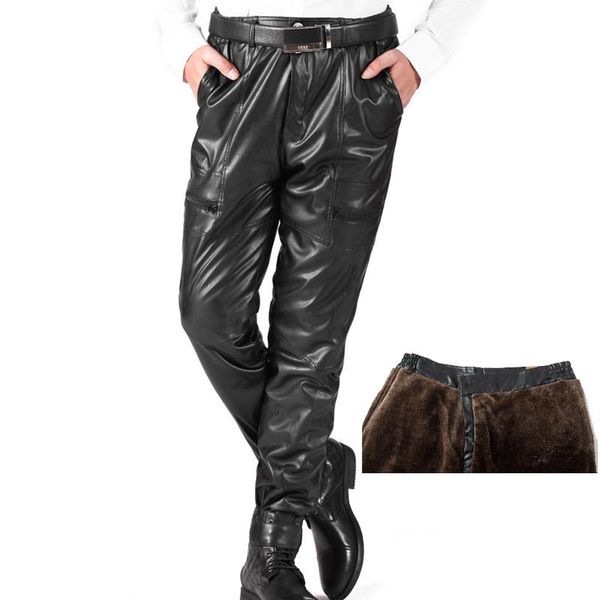 

men's pants winter thick warm faux leather for men loose pu fleece fashion motorcycle joggers windproof trousers, Black