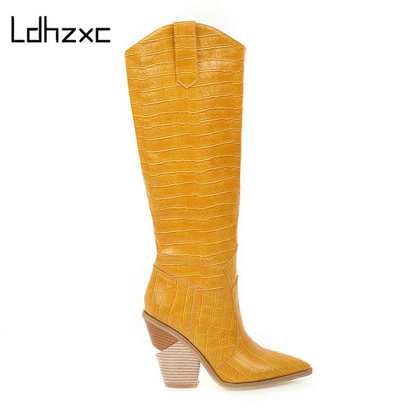 

ldhzxc 2020 square high heel pu leather slip on leisure women shoes winter warm fur fashion pointed toe knee high boots size 43, Black